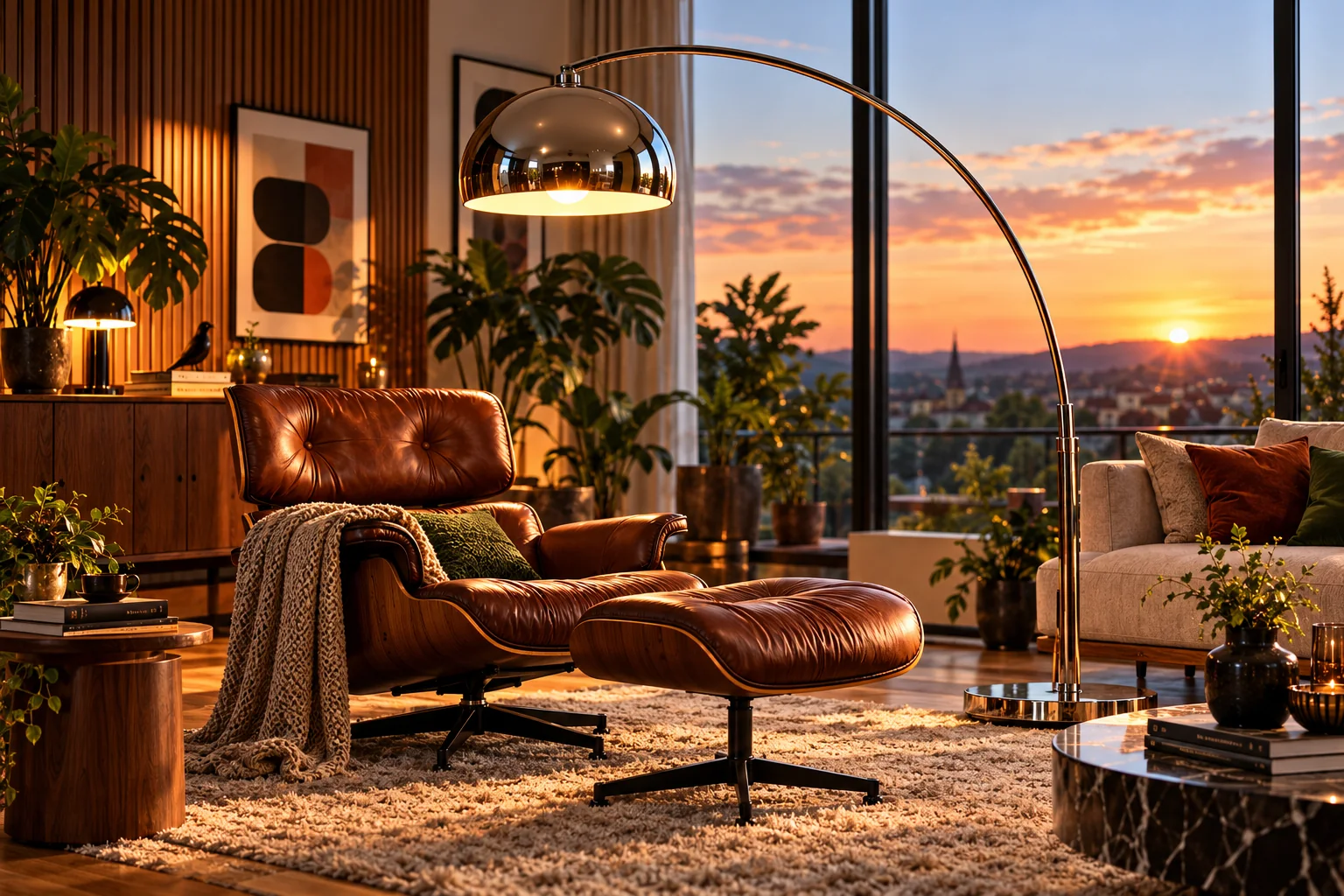 Chrom-Bogenlampe neben Ledersessel und Sofa im Abendlicht