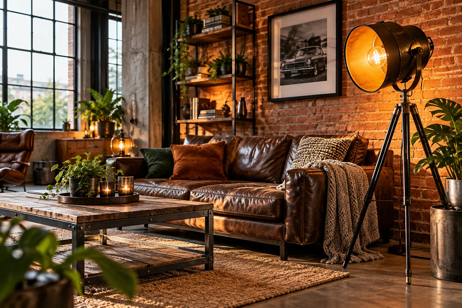 Wohnbereich im Industrial-Stil mit dunklen Materialien und Stativleuchte