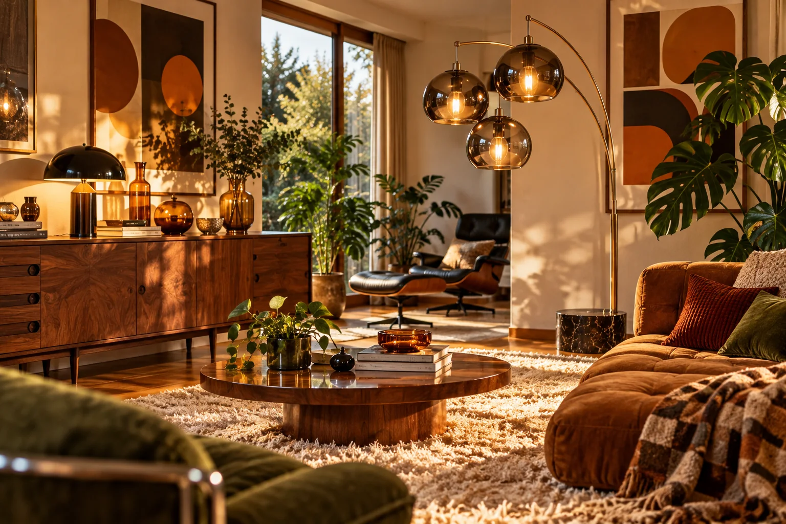 Skulpturale Bogenleuchte mit Glas-Kugelschirmen im Retro-Wohnzimmer